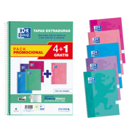 Oxford School Classic Write-Erase Pack 4+1 Fº - Cuaderno Espiral - Tapa Extradura - 4x4 con Margen - 80 Hojas - Colores Surtidos