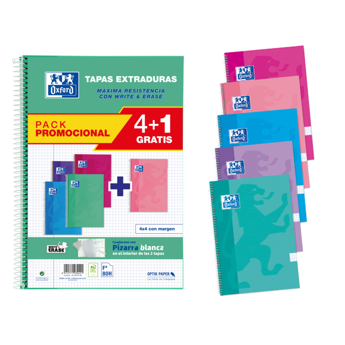 Oxford School Classic Write-Erase Pack 4+1 Fº - Cuaderno Espiral - Tapa Extradura - 4x4 con Margen - 80 Hojas - Colores Surtidos