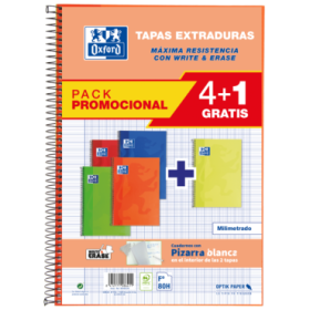 Oxford School Classic Write-Erase Pack 4+1 Fº - Cuaderno Espiral Tapa Extradura - Milimetrado con Margen - 80 Hojas - Colores Surtidos