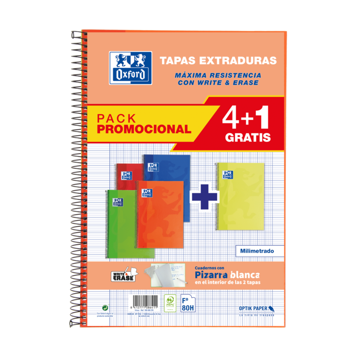 Oxford School Classic Write-Erase Pack 4+1 Fº - Cuaderno Espiral Tapa Extradura - Milimetrado con Margen - 80 Hojas - Colores Surtidos