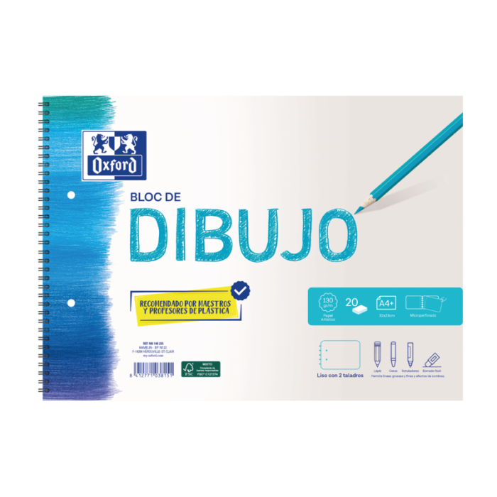 Oxford Dibujo Escolar Bloc Espiral A4+ - Tapa Blanda/Contratapa Rigida - 20 Hojas 130gr Liso - 2 Taladros