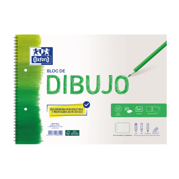 Oxford Dibujo Escolar Bloc Espiral Dibujo A4+ - Tapa Blanda/Contratapa Rigida - 20 Hojas 130gr - con Recuadro y 2 Taladros