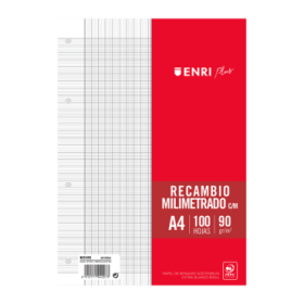 Enri Plus 90gr A4 Recambio Milimetrado - Papel de 90gr - Formato A4 - con Margen - 4 Taladros - 100 Hojas