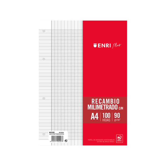 Enri Plus 90gr A4 Recambio Milimetrado - Papel de 90gr - Formato A4 - con Margen - 4 Taladros - 100 Hojas