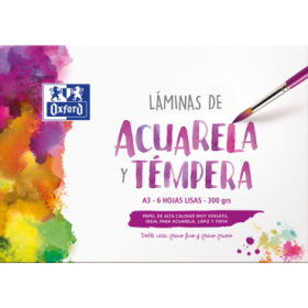 Oxford Pintura Escolar - Sobre de Laminas de Acuarela y Tempera A3 - 6 Hojas de 300gr - Papel Liso de Alta Calidad