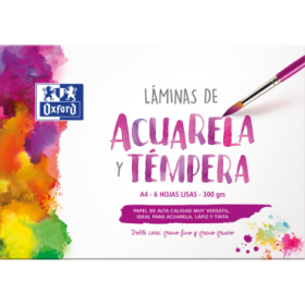 Oxford Pintura Escolar Sobre de Laminas de Acuarela y Tempera A4 - 6 Hojas de 300gr - Ideal para Proyectos Escolares - Superficie Lisa para un Acabado Profesional