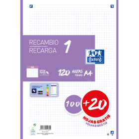 Oxford School A4 Recambio - 5x5 - Promocion 100+20 Hojas - Color Lila