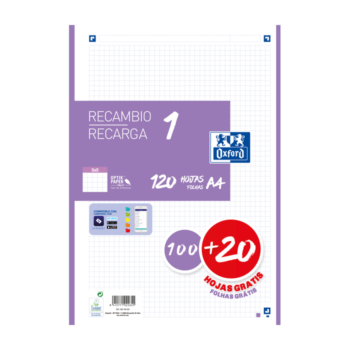 Oxford School A4 Recambio - 5x5 - Promocion 100+20 Hojas - Color Lila
