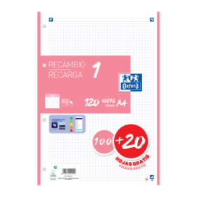 Oxford School A4 Recambio - 100+20 Hojas - Promocion 5x5 - Color Rosa Chicle