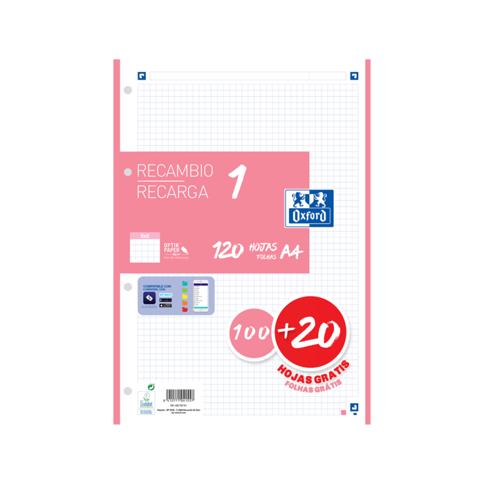 Oxford School A4 Recambio - 100+20 Hojas - Promocion 5x5 - Color Rosa Chicle
