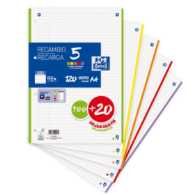 Oxford School Pack de 5 A4 Recambio - 1 Linea Promocion - 100+20 Hojas - Colores Surtidos