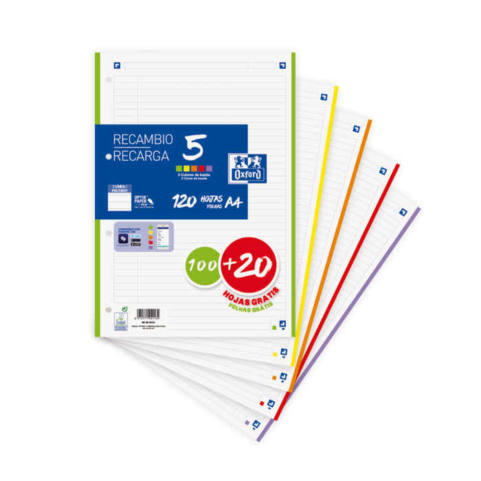 Oxford School Pack de 5 A4 Recambio - 1 Linea Promocion - 100+20 Hojas - Colores Surtidos