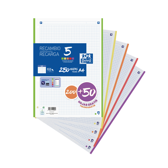 Oxford School Pack de 5 A4 Recambio - 5x5 Promocion - 200+50 Hojas - Colores Surtidos