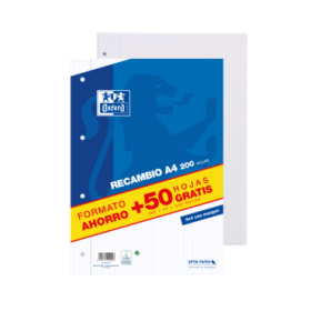 Oxford School Classic A4 Recambio - Paquete 4x4 con Margen - 200 Hojas + 50 Hojas Gratis