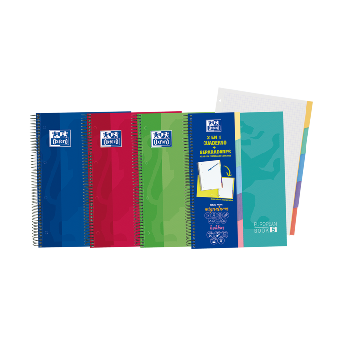 Oxford School Classic A4+ Europeanbook - Tapa Extradura Resistente - 100 Hojas Cuadriculadas 5x5 - 5 Pestañas Troqueladas - Colores Surtidos