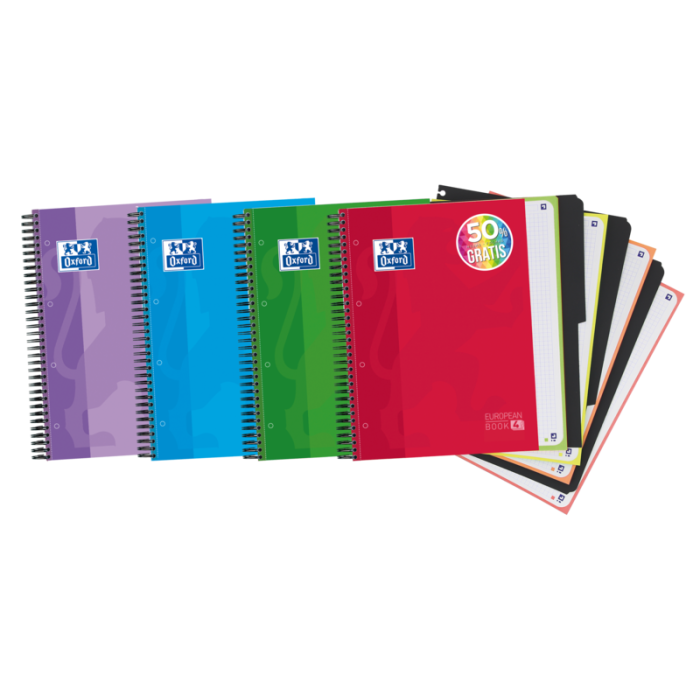 Oxford School Classic Europeanbook 4 Cuaderno Doble Espiral A4+ Cuadricula 5x5 - 120 Hojas Microperforadas 4 Taladros - Tapa Extradura Resistente - Incluye 3 Separadores - Colores Surtidos