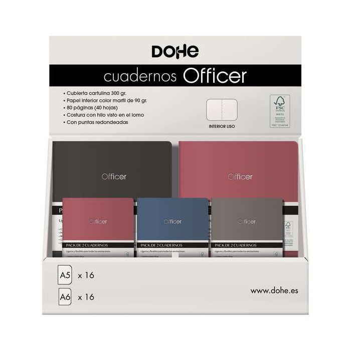 Dohe Expositor de Cuadernos Officer - Tamaño A5 y A6 - Cubierta en Cartulina de 300g - Estampacion en Portada - Interior de 40 Hojas Lisas en Papel Ahuesado de 90g - Retractilado de 2 Unidades