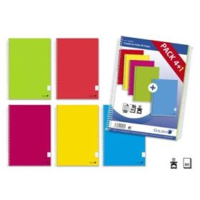 Golden Pack de 5 Cuadernos Espiral Folio 80 Hojas Cuadricula 4x4 - Margen Remarcado - Tapa Normal Plastificada - Colores Surtidos