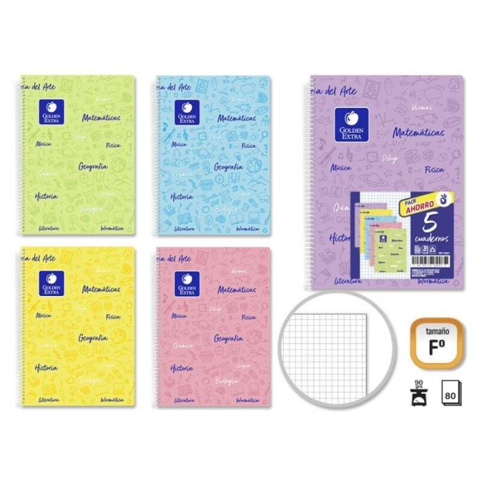 Golden Pack de 5 Cuadernos Asignatura Folio 80 Hojas 90gr Cuadricula 4x4 - Resistente - Tapa Dura - Ideal para Estudiantes - Colores Pastel Surtidos