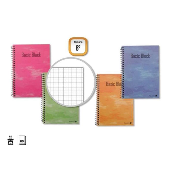 Golden Cuaderno Espiral 8º Natural 80 Hojas 60gr Cuadricula - Margen Remarcado - Tapa Normal Plastificada - Colores Surtidos