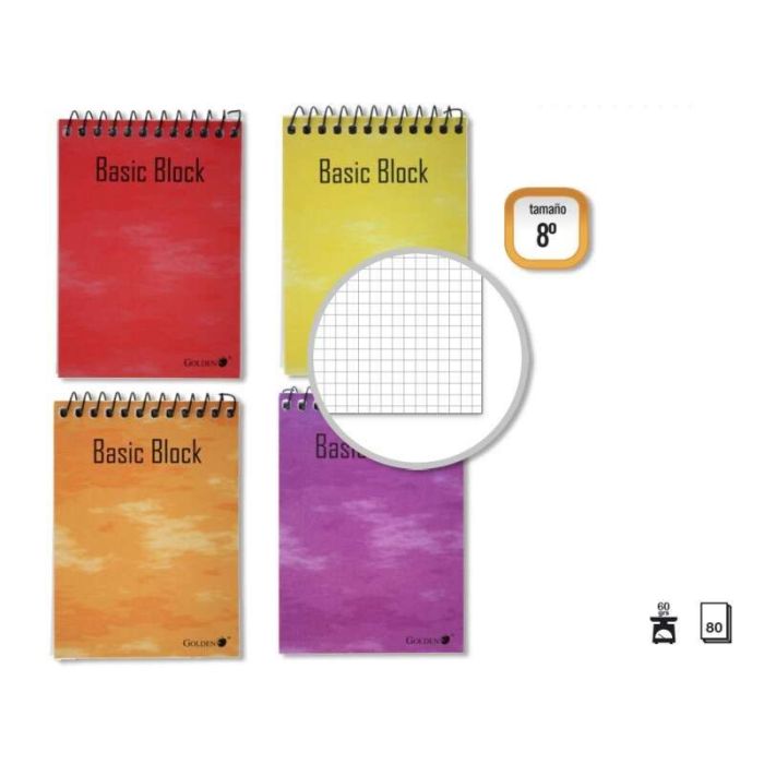 Golden Cuaderno Espiral Superior 8º Apaisado 80 Hojas 60gr Cuadricula 4x4 - Tapa Plastificada - Margen Remarcado - Colores Surtidos