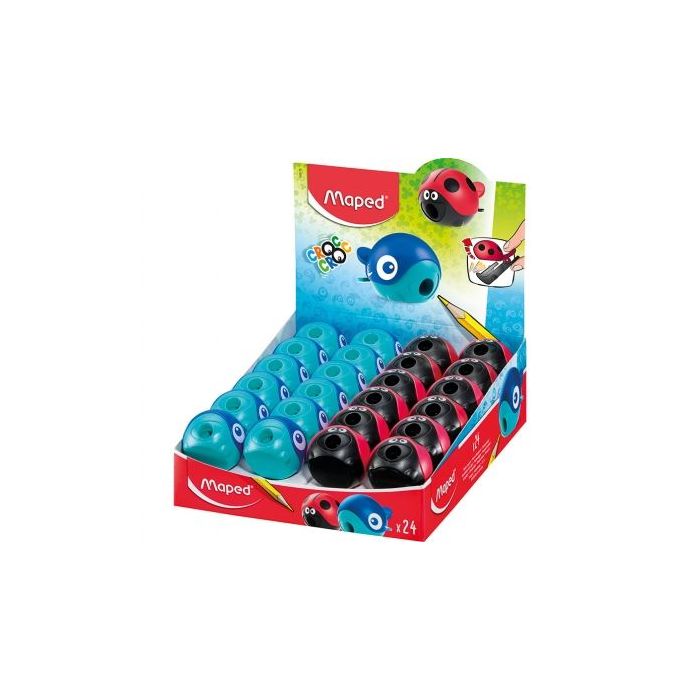 Maped Croc Croc Sacapuntas de 1 Orificio con Deposito - Divertidos Diseños de Mariquita y Ballena