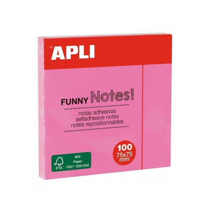 Apli Bloc de Notas Adhesivas - 100 Hojas - Papel Certificado FSC - Adhesivo Reposicionable - Color Rosa