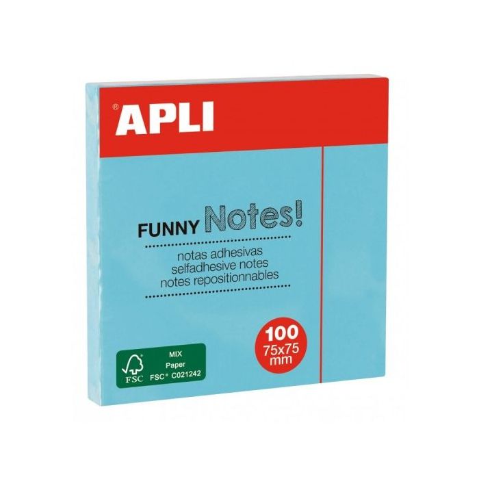 Apli Bloc de Notas Adhesivas - 100 Hojas - Papel Certificado FSC - Adhesivo en Base Agua - Reposicionables - Clasico Tamaño 75x75mm - Color Azul Turquesa