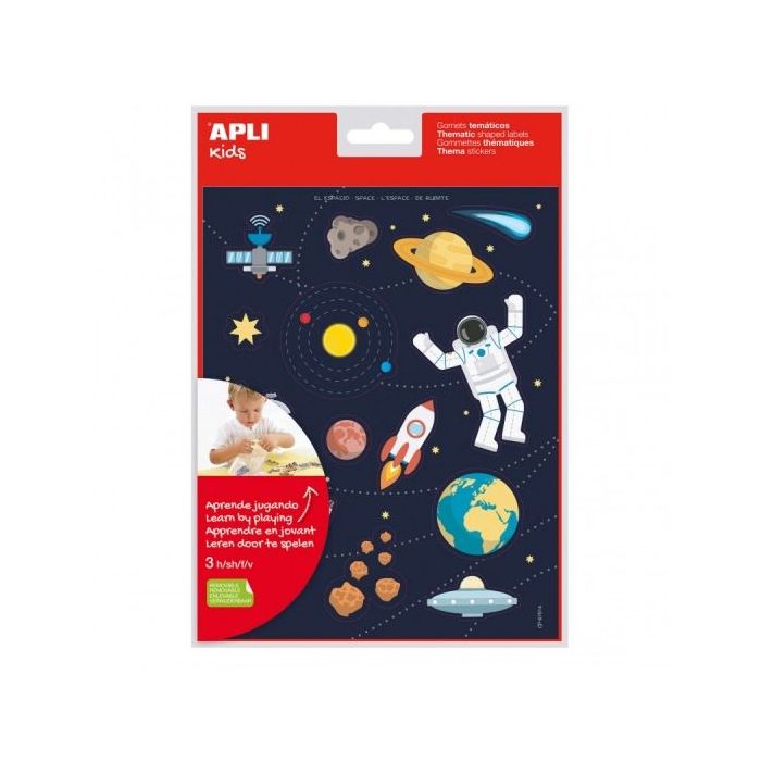 Apli Bolsa de Gomets Tematicos el Espacio - Adhesivo Removible - Desarrolla Habilidades Motoras - Ideal para Escuelas - Adhesivo Base Agua - Libre de Disolventes