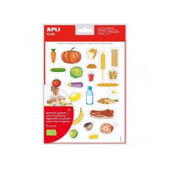 Apli Bolsa de Gomets Tematicos Alimentos Saludables - Adhesivo Removible - Ilustraciones Divertidas - Fomenta Habilidades Motoras