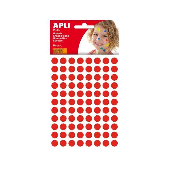 Apli Bolsa de Gomets Redondos Ø 10.5mm - Adhesivo Permanente - 528 Gomets - Desarrolla Psicomotricidad y Creatividad - Adhesivo Base Agua - Color Rojo