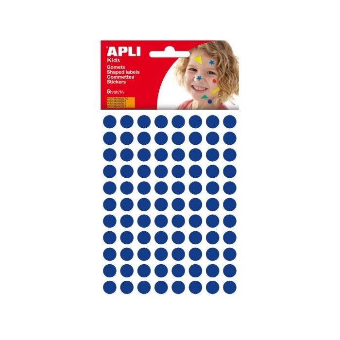 Apli Bolsa de Gomets Redondos Ø 10.5mm - Adhesivo Permanente - 528 Gomets - Desarrolla Psicomotricidad y Creatividad - Adhesivo Base Agua - Libre de Disolventes - Color Azul
