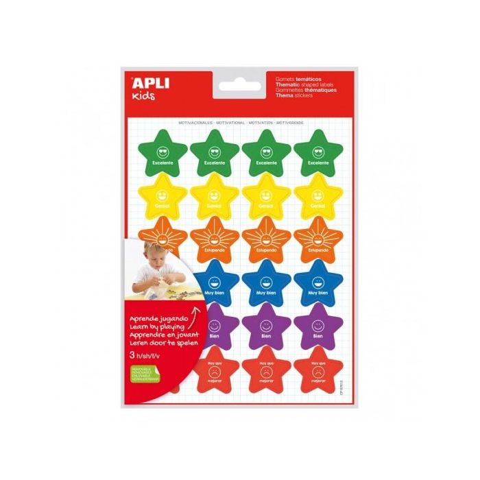 Apli Bolsa de Gomets Motivacionales - Adhesivo Removible - 72 Gomets - 6 Estilos de Estrellas con Frases - Adhesivo Base Agua - Libre de Disolventes