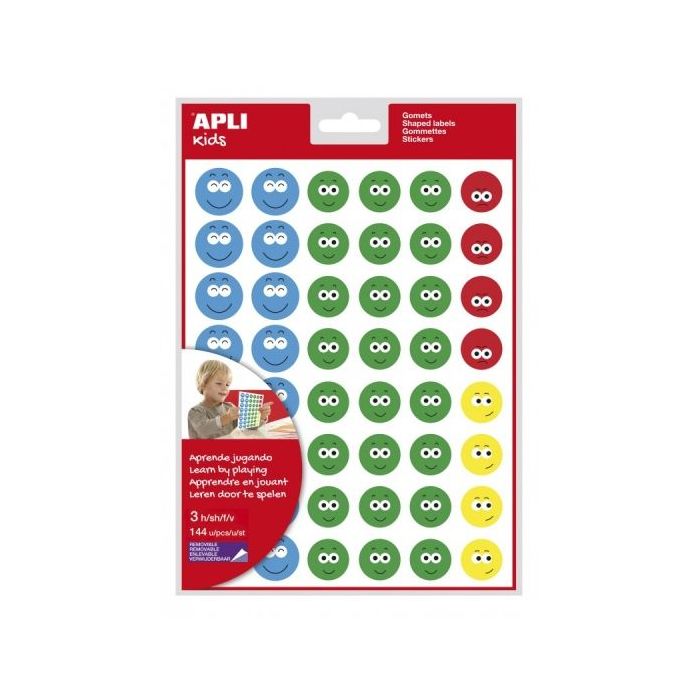 Apli Bolsa de Gomets Cara Feliz II - Adhesivo Removible - 144 Gomets - 4 Estilos de Caras - Fomenta Expresion Emocional - Alta Calidad y Seguridad