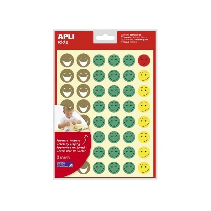 Apli Bolsa de Gomets Cara Feliz - Adhesivo Removible - 144 Gomets - 4 Estilos de Caras - Fomenta Motivacion y Expresion - Alta Calidad y Seguridad