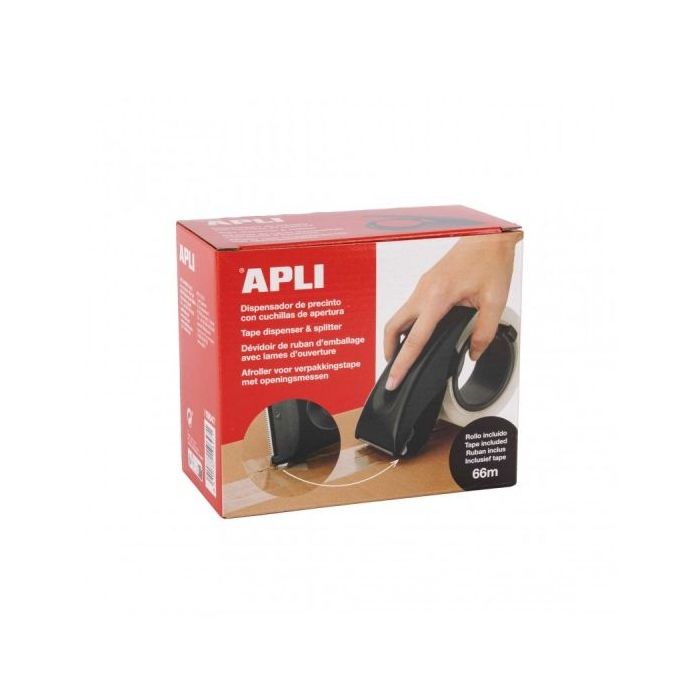 Apli Dispensador de Precinto Multifuncional - Cuchilla Incorporada - Diseño Ergonomico - Material ABS de Alta Calidad - Robusto y Duradero - Incluye Rollo de Precinto de 66 m - Color Negro