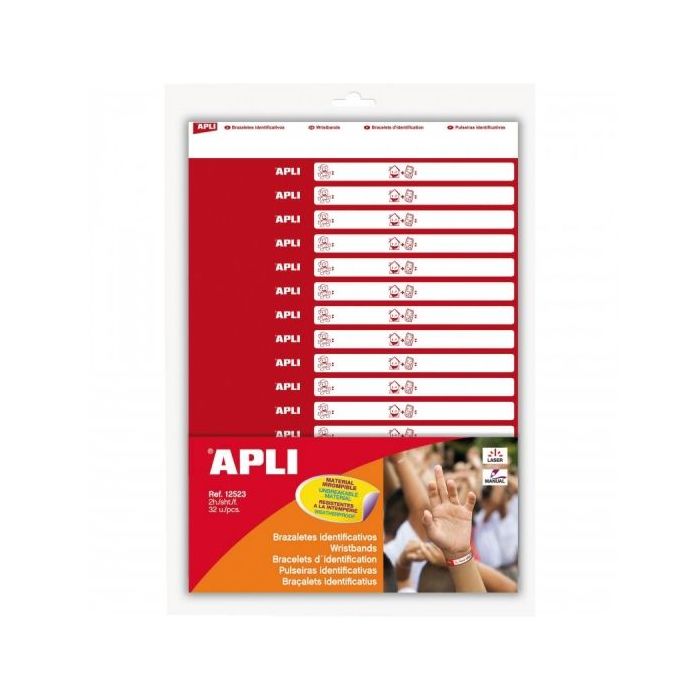 Apli Brazaletes Identificativos - Ideales para Niños en Lugares Concurridos - Faciles de Colocar - Extra Resistentes - Aptos para Impresoras Laser y Escritura Manual