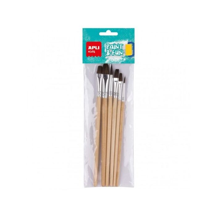 Apli Pack de 6 Pinceles de Madera para Niños - Punta Redonda - Cerdas de Caballo - Fomenta Creatividad y Colaboracion
