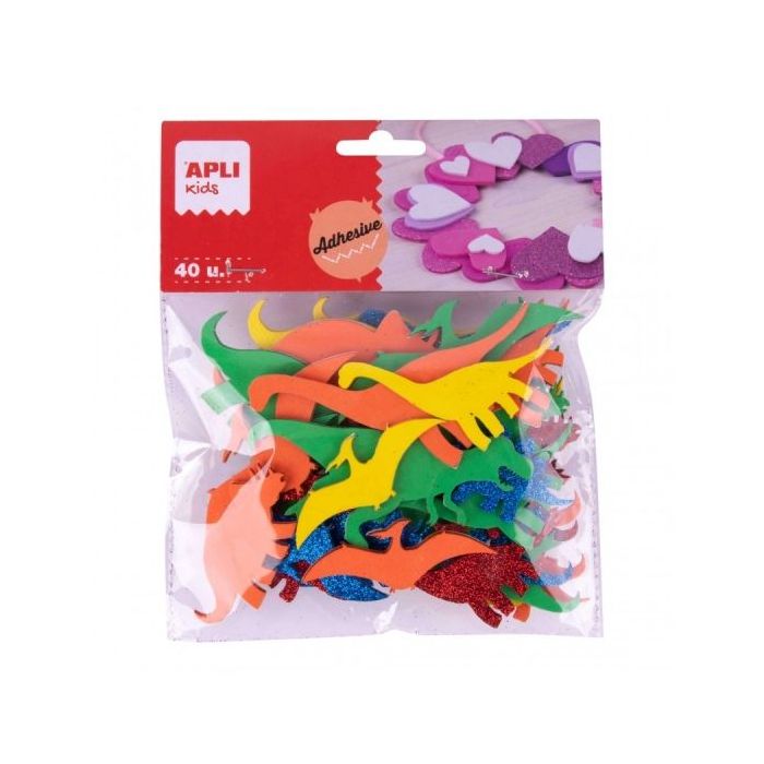 Apli Pack de 40 Dinosaurios Adhesivos de Goma EVA - Diseños Variados - Adhesivo Permanente - 8 Razas - Ideal para Manualidades y Proyectos Escolares - Material Suave y Seguro - Colores Surtidos