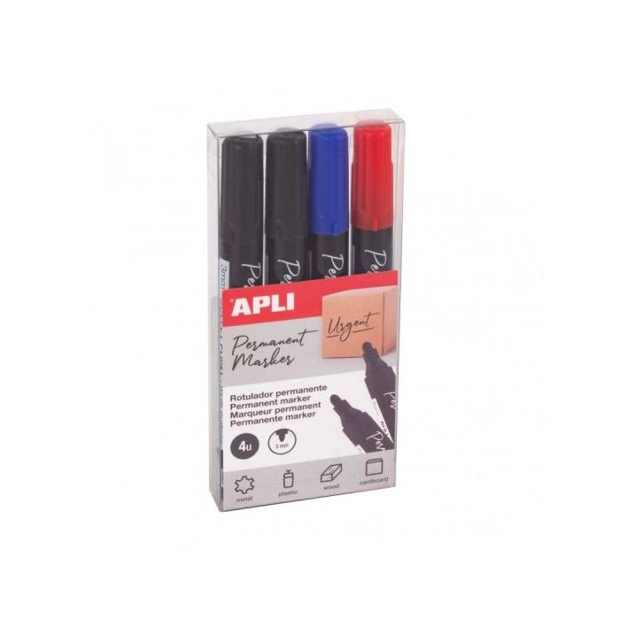 Apli Pack de 4 Rotuladores Permanentes Punta Redonda - Resistentes al Agua - Multifuncionales - para Metal, Plastico, Madera y Carton - Color Azul Negro Rojo