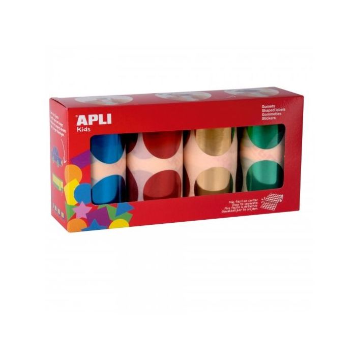 Apli Pack de 4 Rollos de Gomets Redondos Ø 45mm - Adhesivo Permanente - Hojas Pretroqueladas - Ideal para Guarderias - Adhesivo Base Agua - Libre de Disolventes - Colores Surtidos