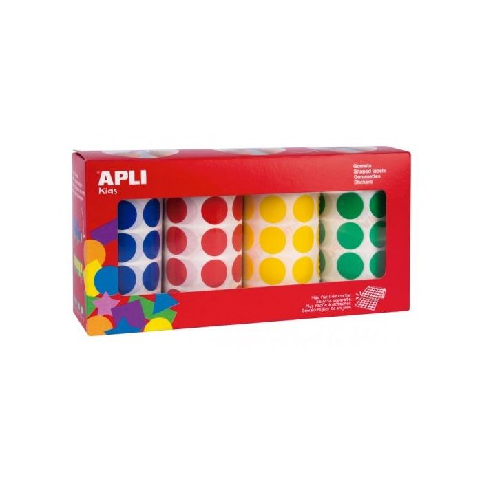 Apli Pack de 4 Rollos de Gomets Redondos - Adhesivo Permanente - 7.080 Gomets - Ideal para Guarderias - Adhesivo Base Agua - Libre de Disolventes - Colores Surtidos