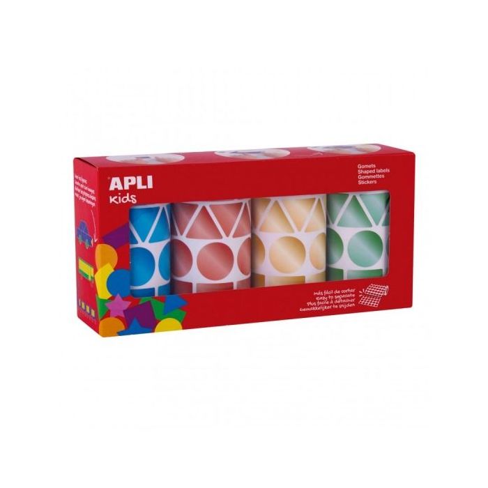 Apli Pack de 4 Rollos de Gomets Metalizados Geometricos Surtidos - 4.324 Gomets - Faciles de Separar - Ideales para Guarderias - Alta Calidad y Seguridad - Colores Surtidos