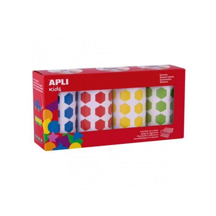 Apli Pack de 4 Rollos de Gomets Hexagonales - Adhesivo Permanente - 7.080 Gomets - Ideal para Guarderias - Adhesivo Base Agua - Libre de Disolventes - Colores Surtidos