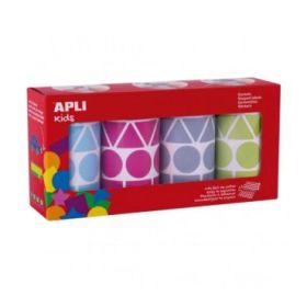 Apli Pack de 4 Rollos de Gomets Geometricos Surtidos - Formas Variadas - Faciles de Separar - Ideales para Guarderias - Alta Calidad y Seguridad - Colores Surtidos