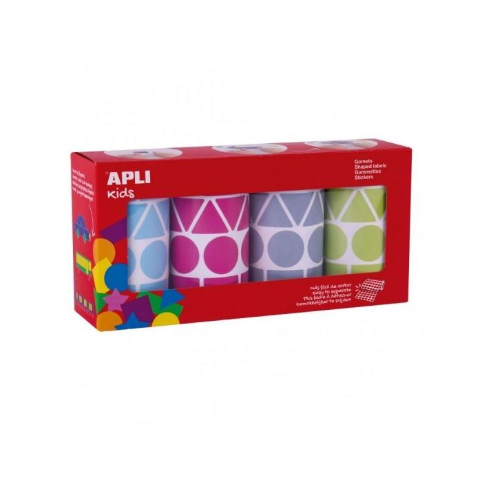 Apli Pack de 4 Rollos de Gomets Geometricos Surtidos - Formas Variadas - Faciles de Separar - Ideales para Guarderias - Alta Calidad y Seguridad - Colores Surtidos