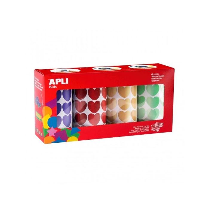 Apli Pack de 4 Rollos de Gomets en Forma de Corazones - Ideal para Guarderias - Fomenta Psicomotricidad Fina y Creatividad - 5.640 Gomets Totales
