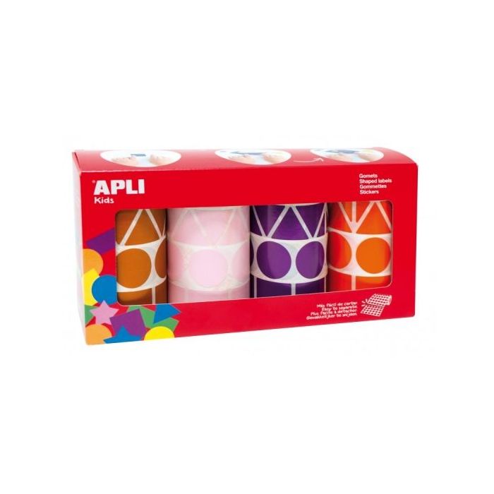 Apli Pack de 4 Rollos de Gomets Adhesivo Permanente - Formas Variadas - Fomenta Psicomotricidad y Creatividad - Adhesivo Base Agua - Color Lila