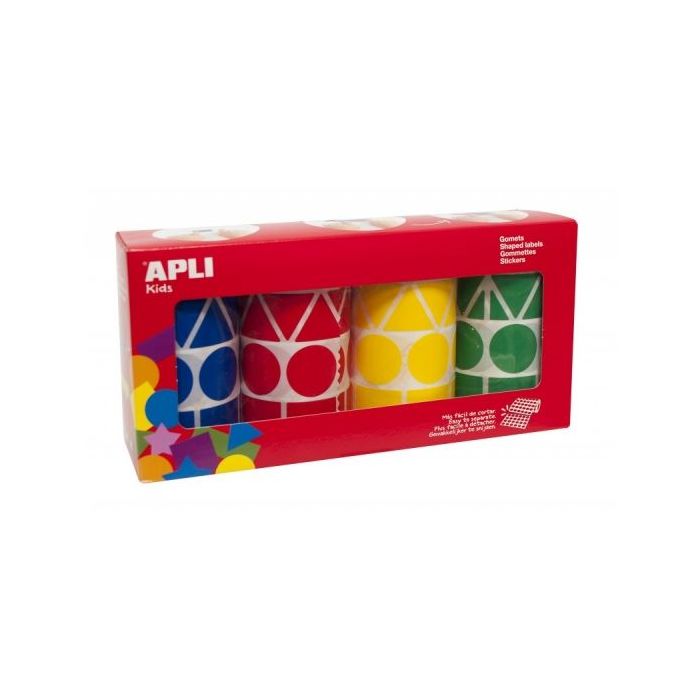 Apli Pack de 4 Rollos de Gomets Adhesivo Permanente - Formas Geometricas - Ideal para Guarderias - Desarrollo Psicomotor - Alta Calidad y Seguridad - Color Amarillo