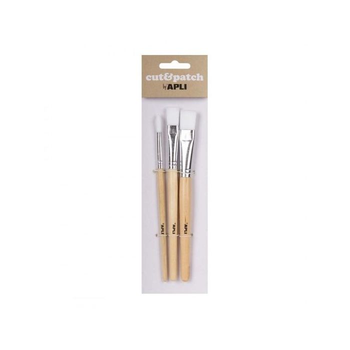 Apli Pack de 3 de Pinceles de Madera para Manualidades - Cerdas de Nylon - Puntas Redonda y Plana - Ideal para Papeles Cut-Patch